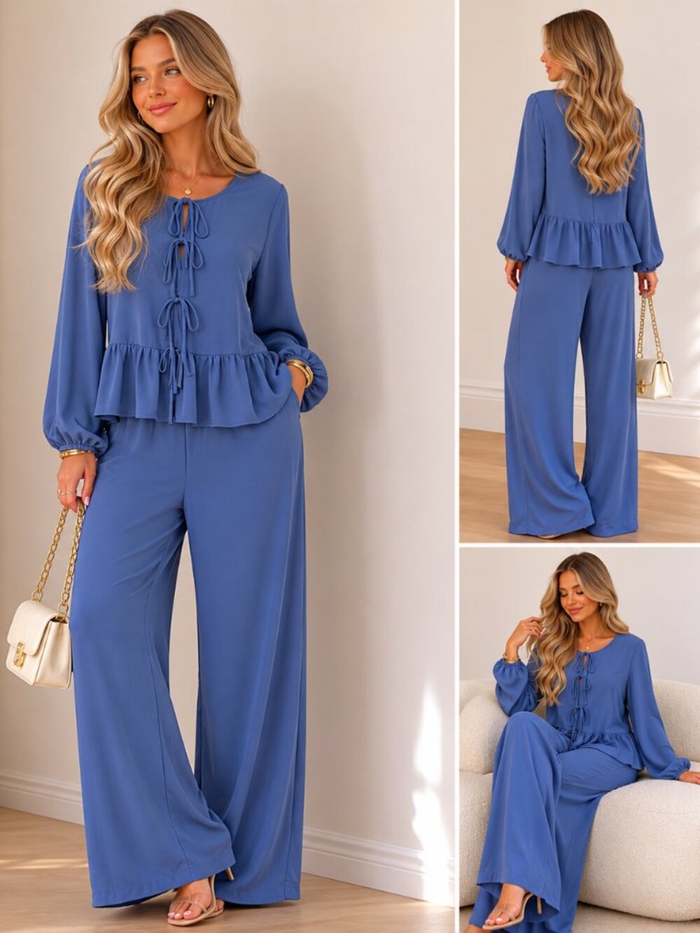 NWT Blue Romantic Tie-Front 2-Piece Lounge Set | Peplum Top & Wide Leg Pants